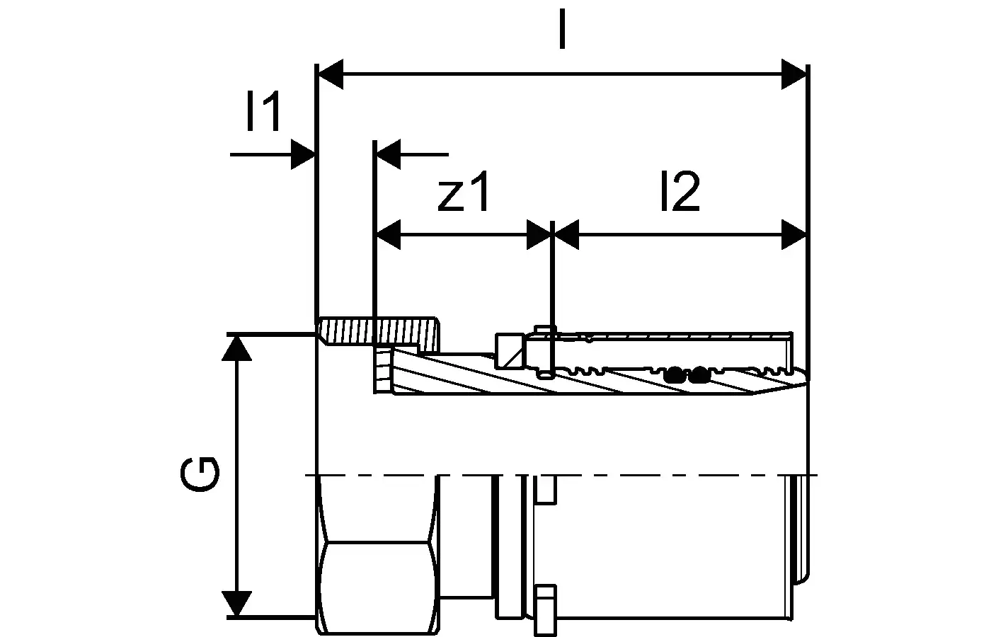 Uponor-Verschraubung mit Gewinde, seitlicher Anschluss und integrierter Dichtung. Technische Zeichnung zeigt Maße und Designmerkmale des Produkts.