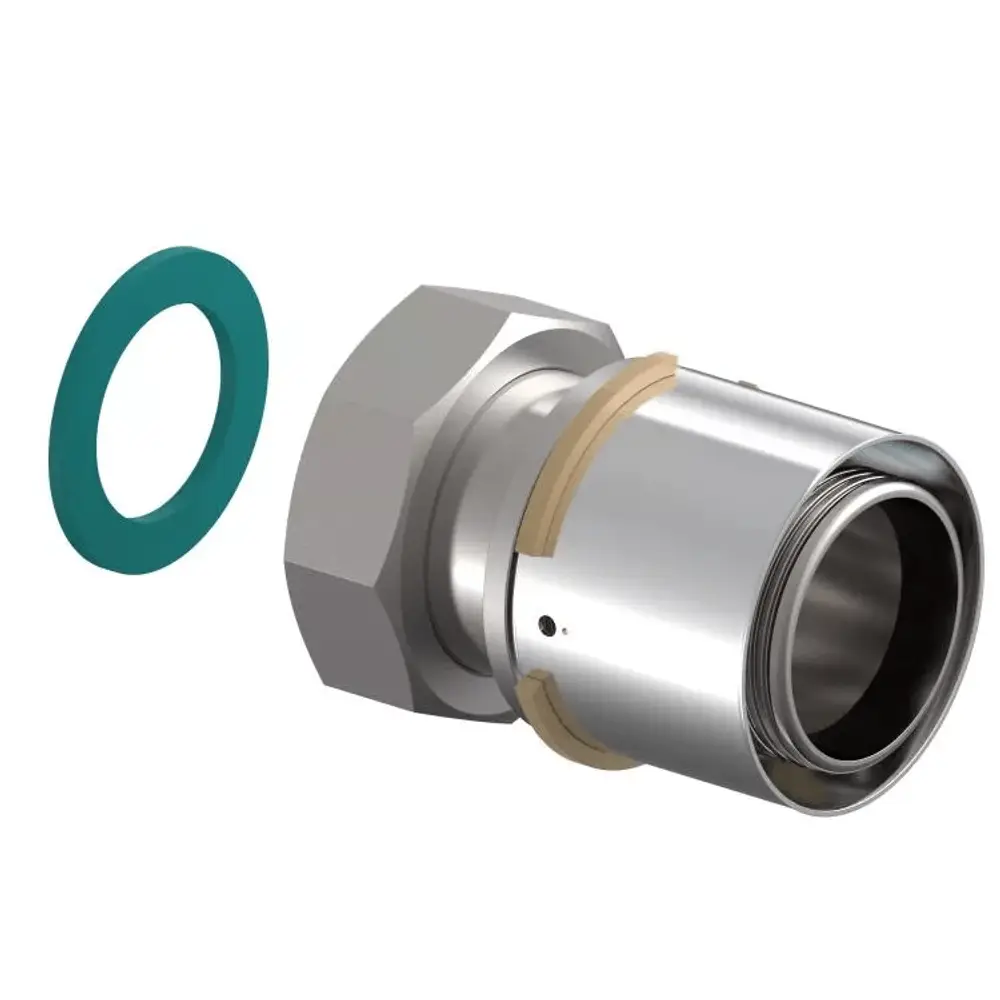Verschraubung zur Verbindung von Rohren, bestehend aus Metall und einer Dichtung. Teil des Uponor Sortimentes für Sanitärinstallationen.