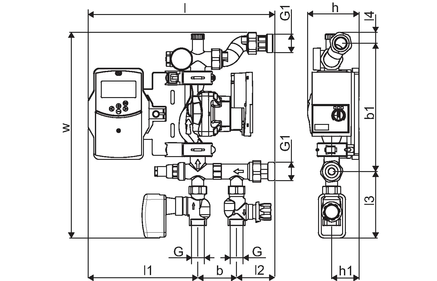 Darstellung einer Pumpengruppe mit verschiedenen Anschlussdetails und einem digitalen Bedienfeld, hergestellt von Uponor. Technische Maße sind im Diagramm eingezeichnet.