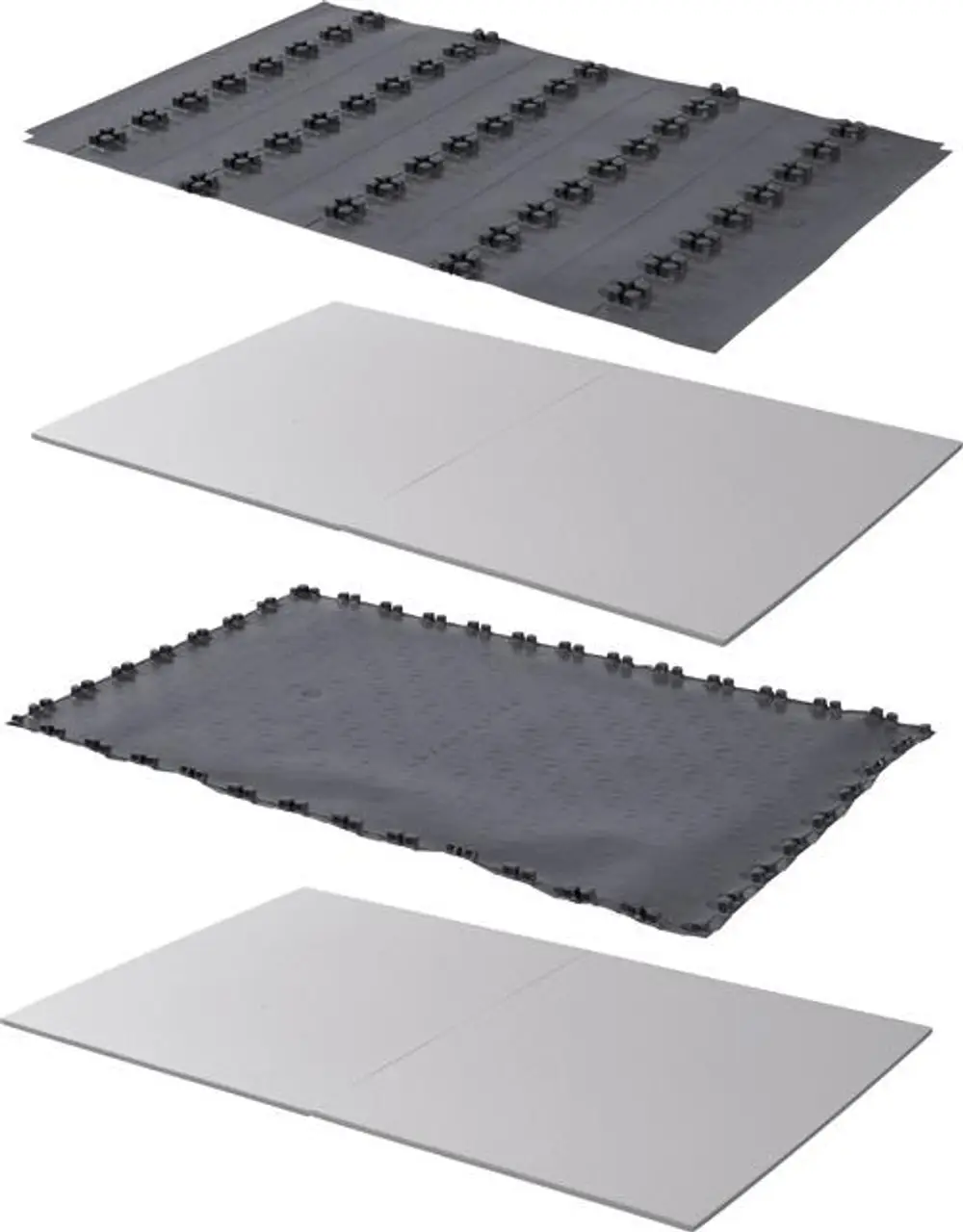 Dreilagiges System mit Gummiverteiler und flachen Platten. Geeignet für die Installation von Heizsystemen. Hersteller: Uponor.