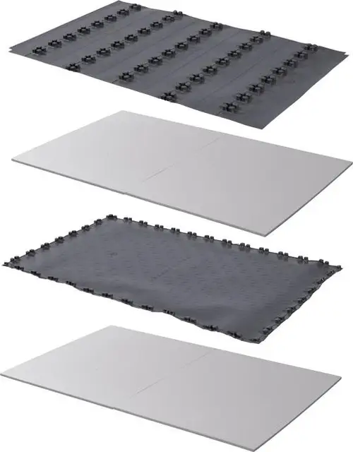 Dreilagiges System mit Gummiverteiler und flachen Platten. Geeignet für die Installation von Heizsystemen. Hersteller: Uponor.