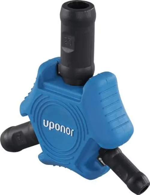 Uponor Kombientgrater mit mehreren Anschlüssen, gefertigt aus robustem Material. Das Produkt zeigt eine praktische, ergonomische Form zur einfachen Anwendung.