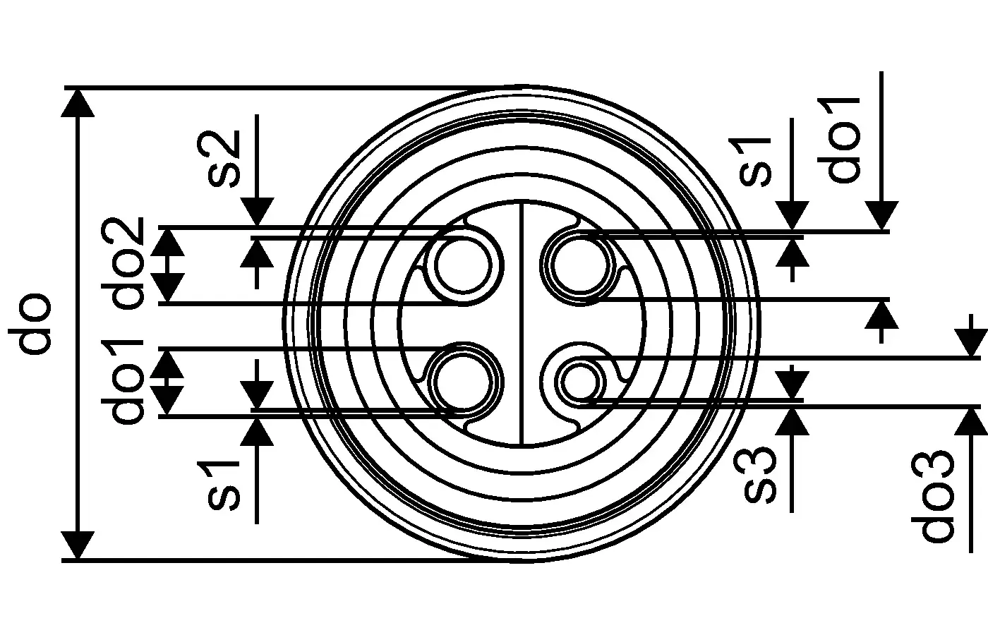 Technisches Diagramm eines Produkts von Uponor mit mehreren Durchmessern und Abständen, dargestellt in einem schematischen Format mit Maßangaben.