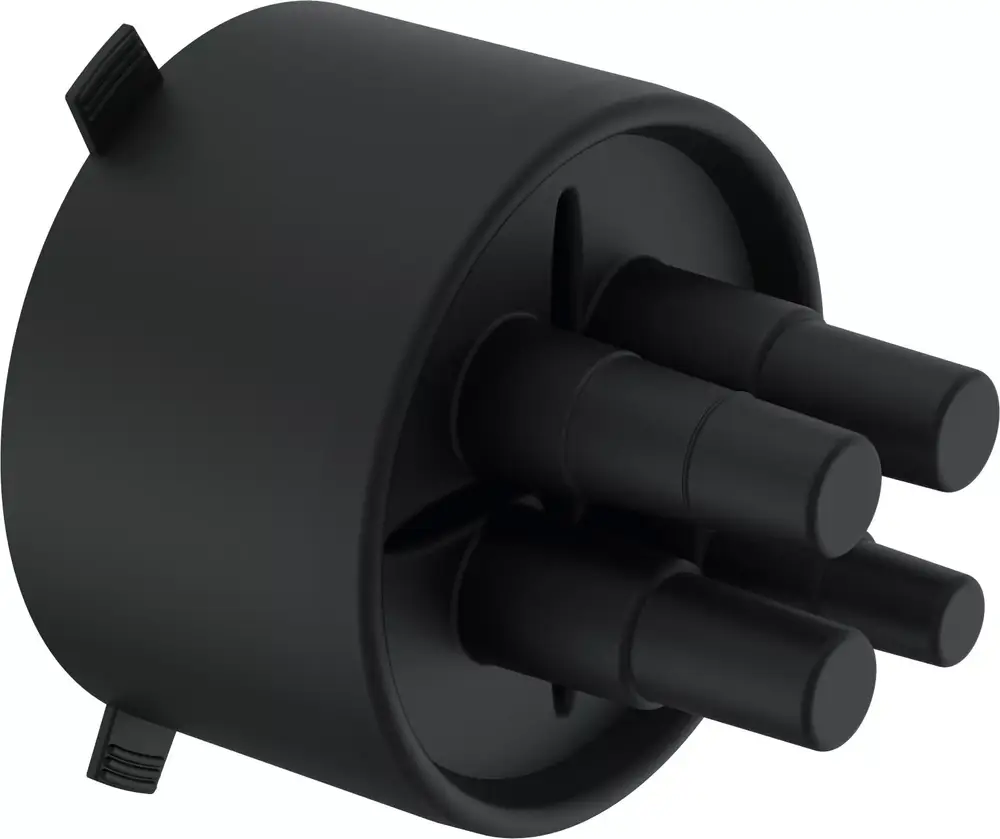 Schwarze Gummi-Endkappe mit mehreren Anschlüssen, hergestellt von Uponor. Entworfen für die Verbindung und Abdichtung in Rohrsystemen.