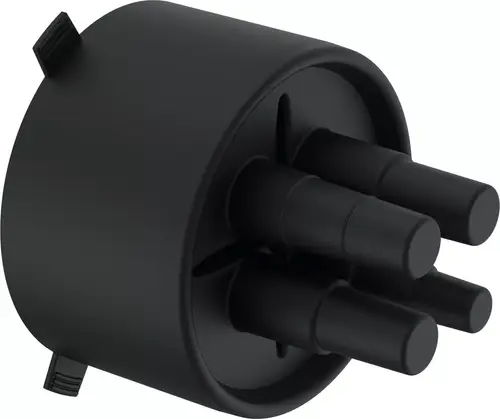 Schwarze Gummi-Endkappe mit mehreren Anschlüssen, hergestellt von Uponor. Entworfen für die Verbindung und Abdichtung in Rohrsystemen.