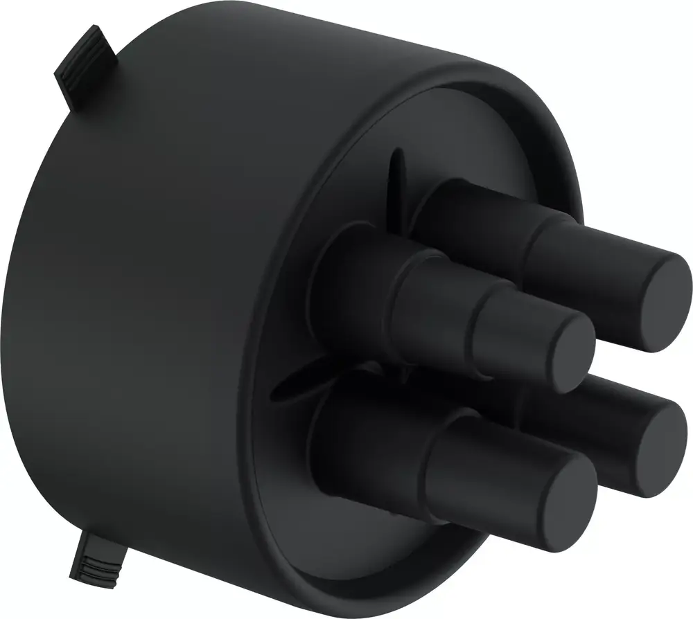 Schwarze Gummi-Endkappe mit vier Ausgängen, geeignet für Rohrverbindungen. Produkt von Uponor für verschiedene Installationen in der Haustechnik.