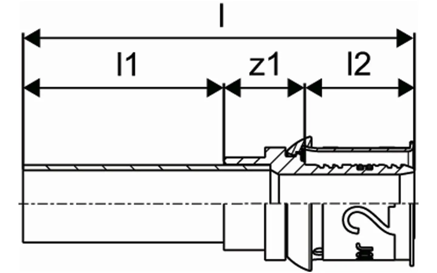 Kupferübergangsstück mit Anschlussmöglichkeiten, dargestellt in technischer Zeichnung. Produkt von Uponor, Maßangaben und Details sind sichtbar.