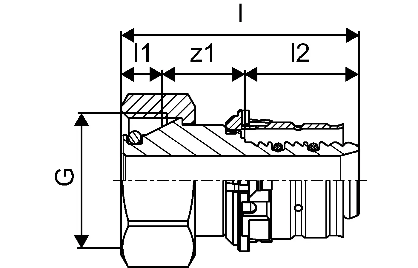 Uponor Verschraubung mit Eurokonus, seitlich montiert, mit Gasanschluss und verschiedenen Einschnitten zur Anpassung. Technische Zeichnung mit Maßangaben.