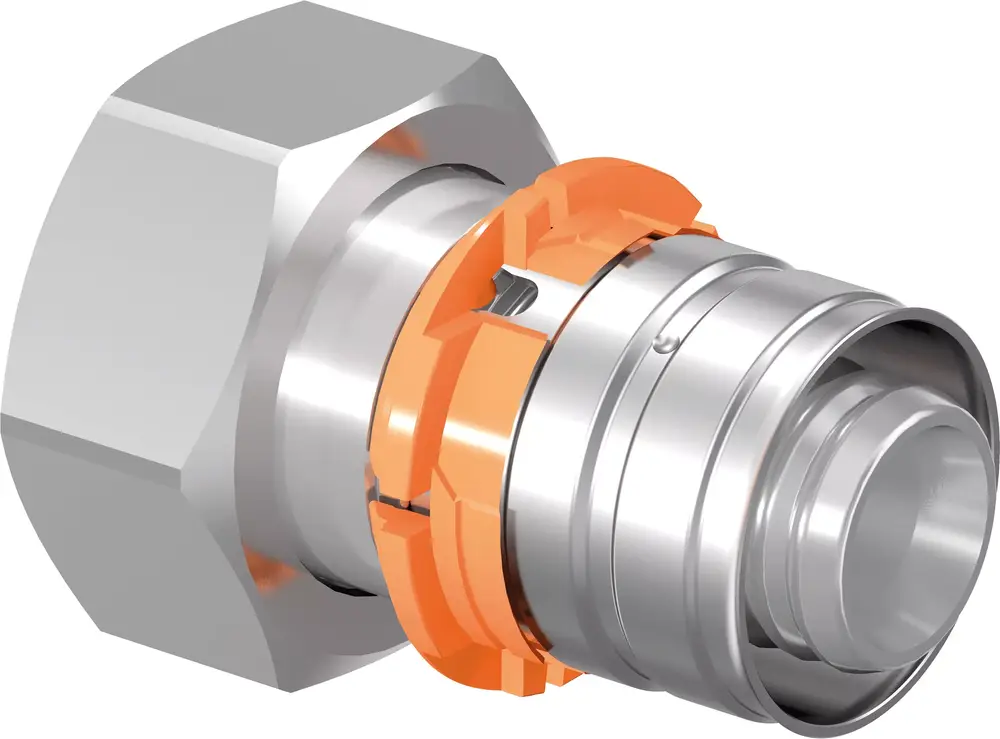 Verschraubung mit einem metallischen Körper und orangefarbener Sicherung, hergestellt von Uponor. Das Produkt dient zur sicheren Verbindung von Rohrleitungen.