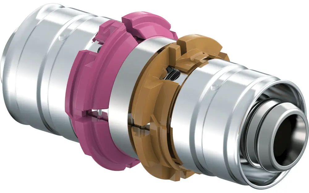 Kupplung von Uponor mit Metallgehäuse und farbigen Kunststoffelementen, die eine Verbindung ermöglichen, sichtbar in einem technischen Design.