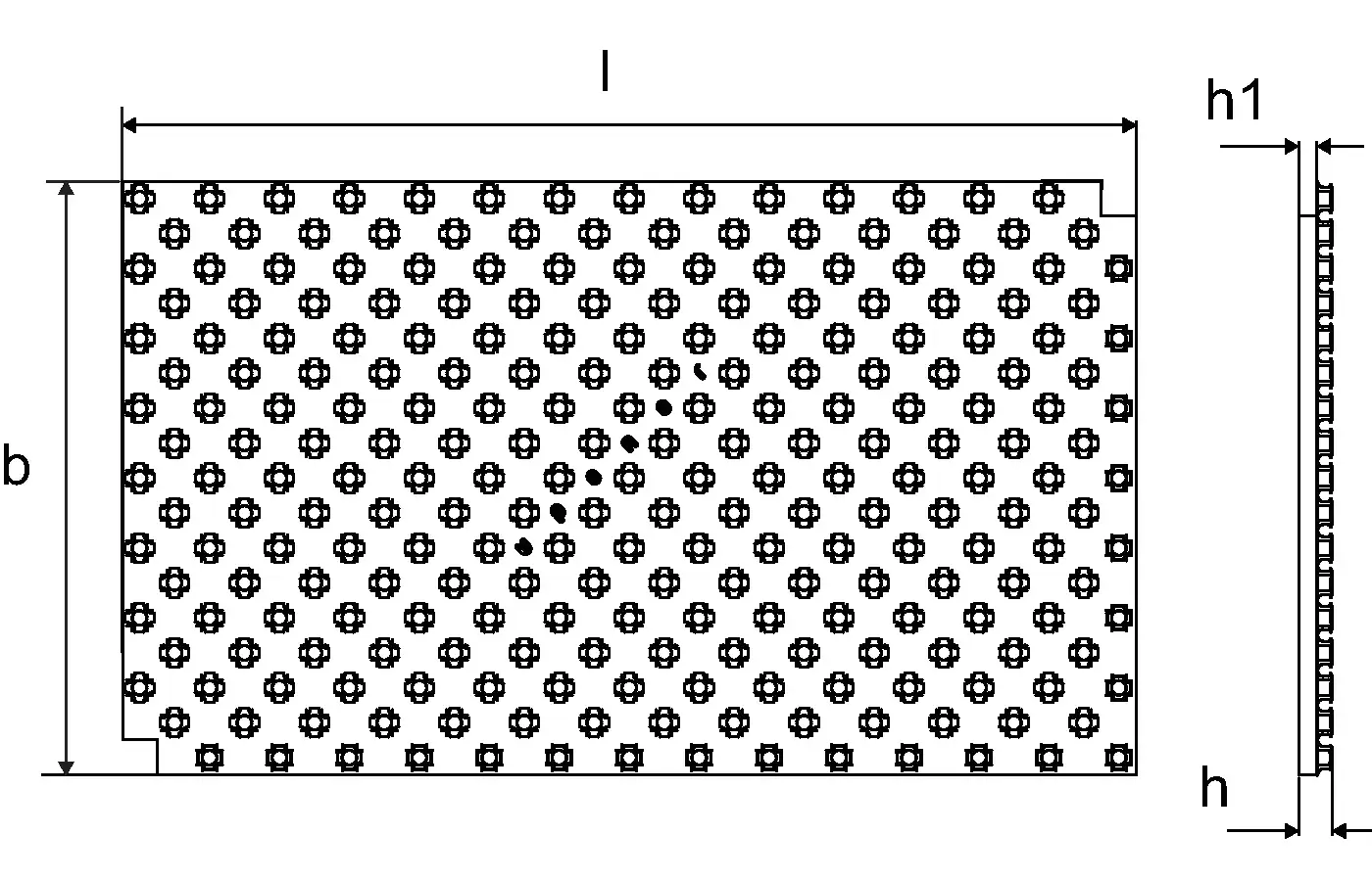 Tecto Noppenplatte von Uponor mit gleichmäßig angeordneten Noppen, sichtbar in einem rechteckigen Design, umgeben von Maßangaben zur Fläche und Dicke.