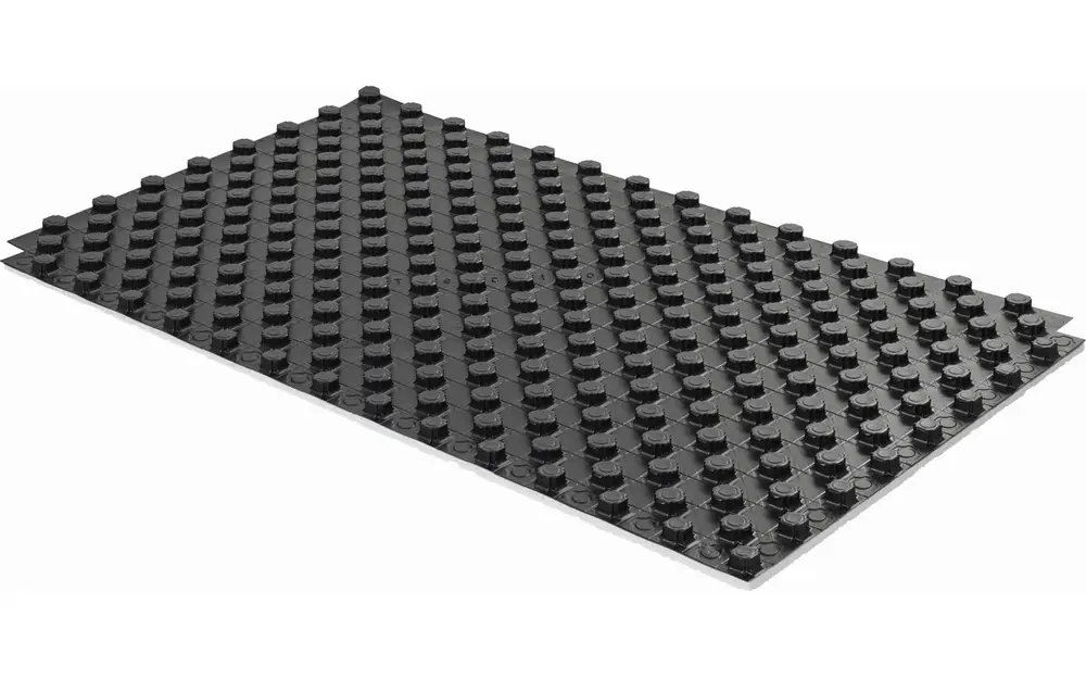 Tecto Noppenplatte von Uponor, schwarz, mit vielen kleinen Noppen auf der Oberfläche, geeignet für verschiedene Anwendungen im Bauwesen.