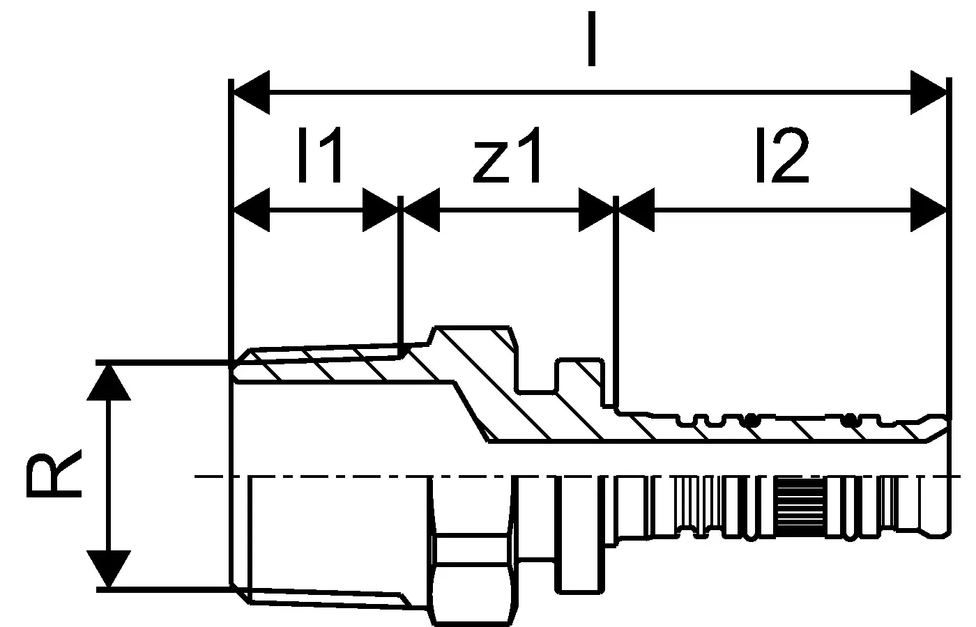 Uponor Press-Muffe mit präzisen Maßen, dargestellt in technischer Zeichnung, zeigt Details wie Längen- und Durchmesserangaben sowie Bauteilstruktur.