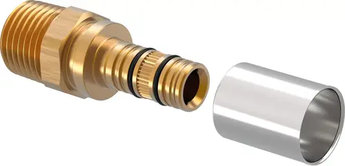 Messingfitting von Uponor mit gewinde und O-Ring. Abnehmbarer Teil in silbernem Metall. Anwendung in Rohrleitungssystemen zur Verbindung von Rohren.