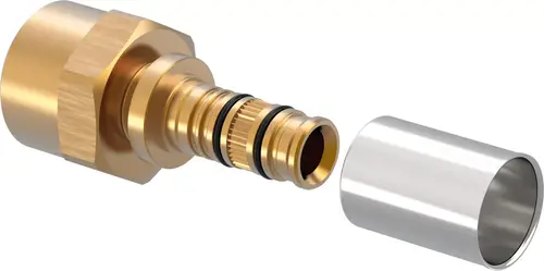 Messing-Muffe mit Gummidichtung und aufgeschraubtem, runden Gehäuse. Produkt zur Verbindung von Rohren, hergestellt von Uponor.