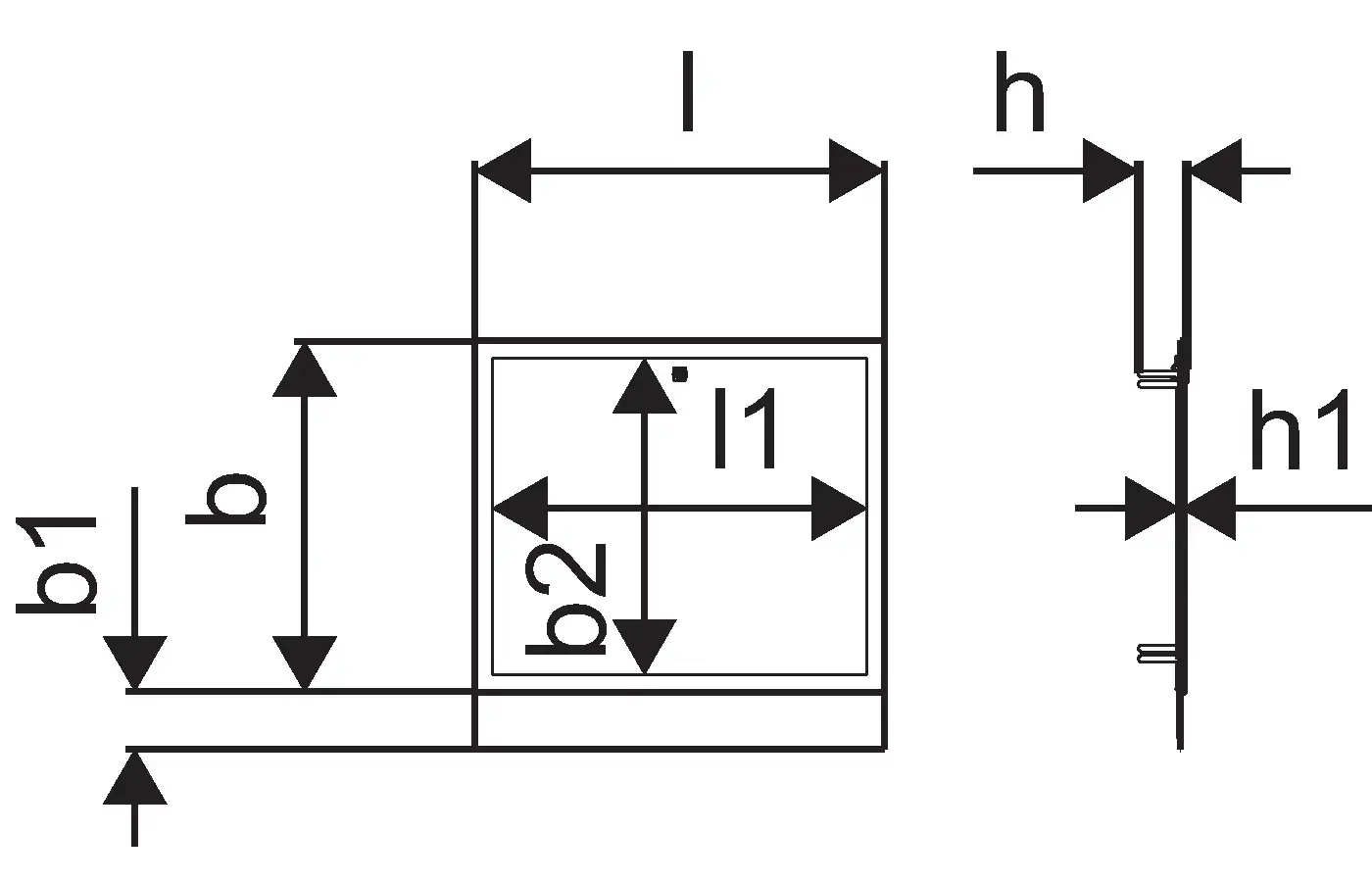 Uponor Rahmen mit rechteckiger Form, Maßlinien für Breite (b1, b2) und Höhe (h, h1) sowie einer mittleren Fläche (l, l1) zur genauen Montage.