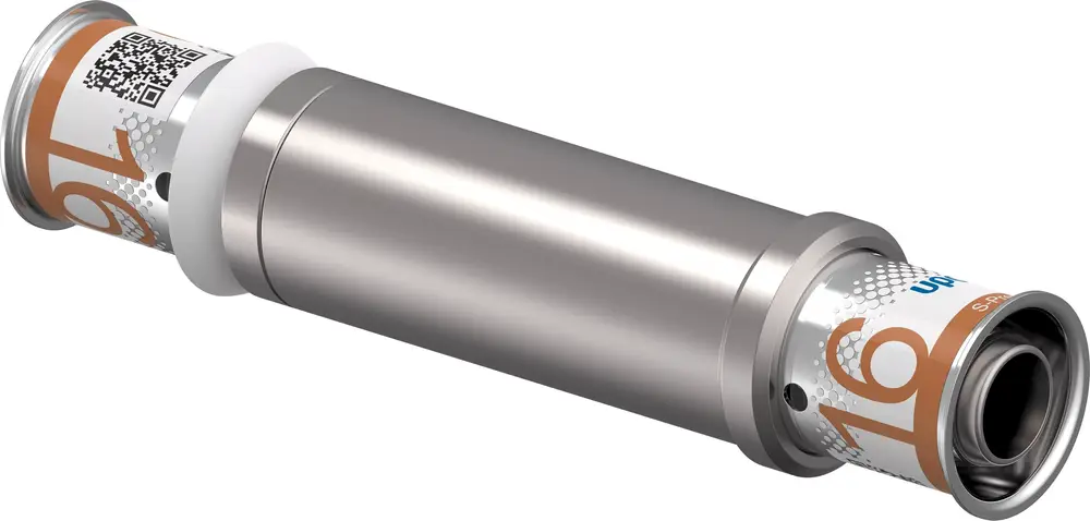 Schiebekupplung von Uponor mit metallischem Körper und markierter Kennzeichnung, geeignete Verbindungstechnik für Installationen.