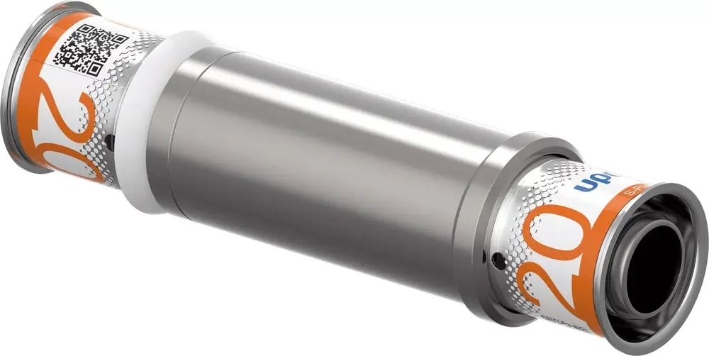 Schiebekupplung aus Metall mit farbigem Endstück. Sichtbar sind Markierungen und ein QR-Code. Das Produkt gehört zur Marke Uponor.