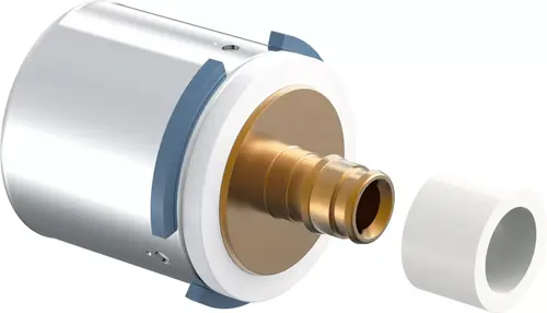 Übergangsstück von Uponor, bestehend aus einem runden, metallischen Element mit einem Anschluss und einem separaten weißen Adapter. Es ist für Rohrverbindungen konzipiert.