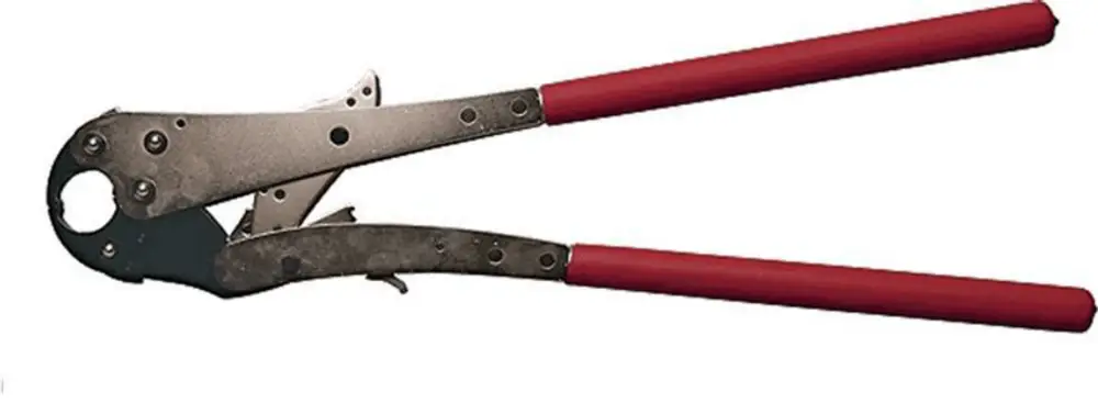Handzange mit roten Griffen, hergestellt von Uponor, zum Crimpen von Verbindungen. Werkzeug für präzise und stabile Montage.