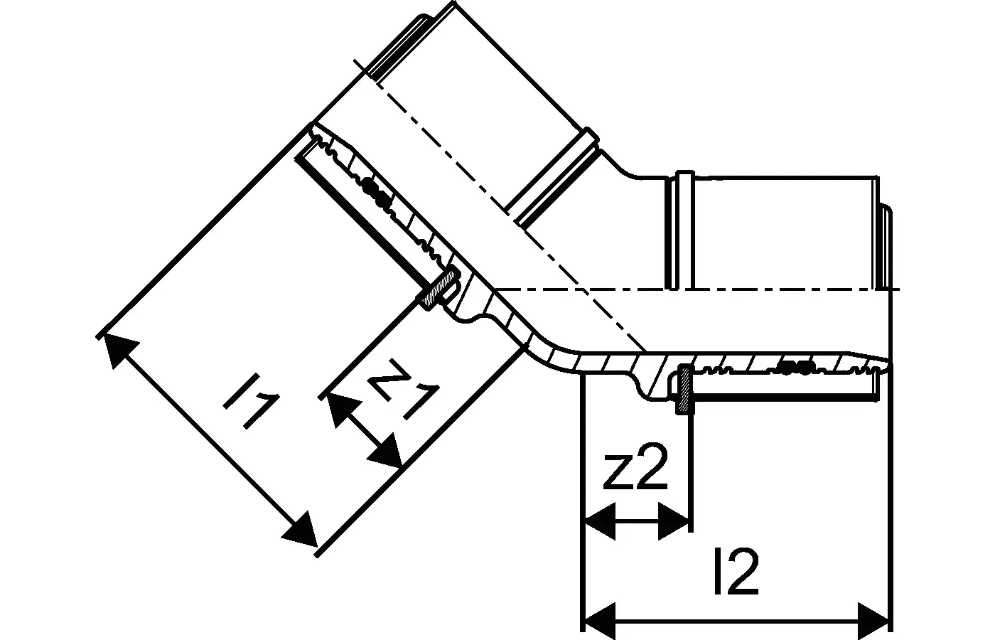 Winkelstück mit einer Neigung von 45°, dargestellt in einem technischen Diagramm. Es zeigt die Verbindungselemente, die typisch für Produkte von Uponor sind.