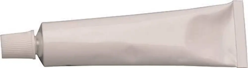 Tube mit grauer Paste, die eine glatte Oberfläche hat. Die Kappe ist im oberen Bereich sichtbar. Produkt von Uponor.