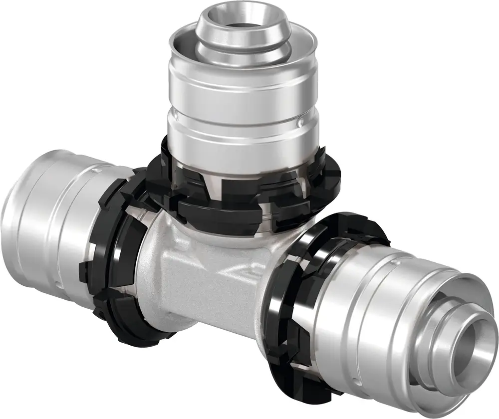 T-Stück aus Metall mit drei Anschlüssen, geeignet für Rohrverbindungssysteme. Produkt von Uponor, konstruiert für die schnelle Montage in Heizungs- und Sanitärinstallationen.