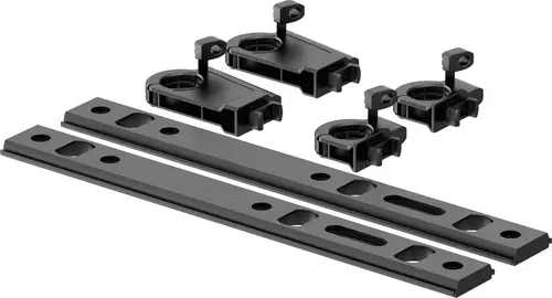 Verteiler-Wandhalterung mit zwei langen Montageleisten und mehreren Befestigungselementen von Uponor, in Schwarz, zur sicheren Anbringung von Rohrleitungen.