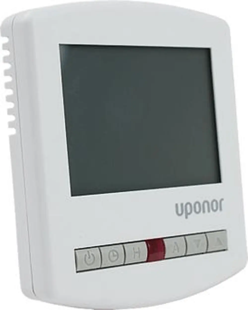 Weißer Raumfühler von Uponor mit digitalem Display und mehreren Tasten zur Temperatureinstellung, montierbar an Wänden.