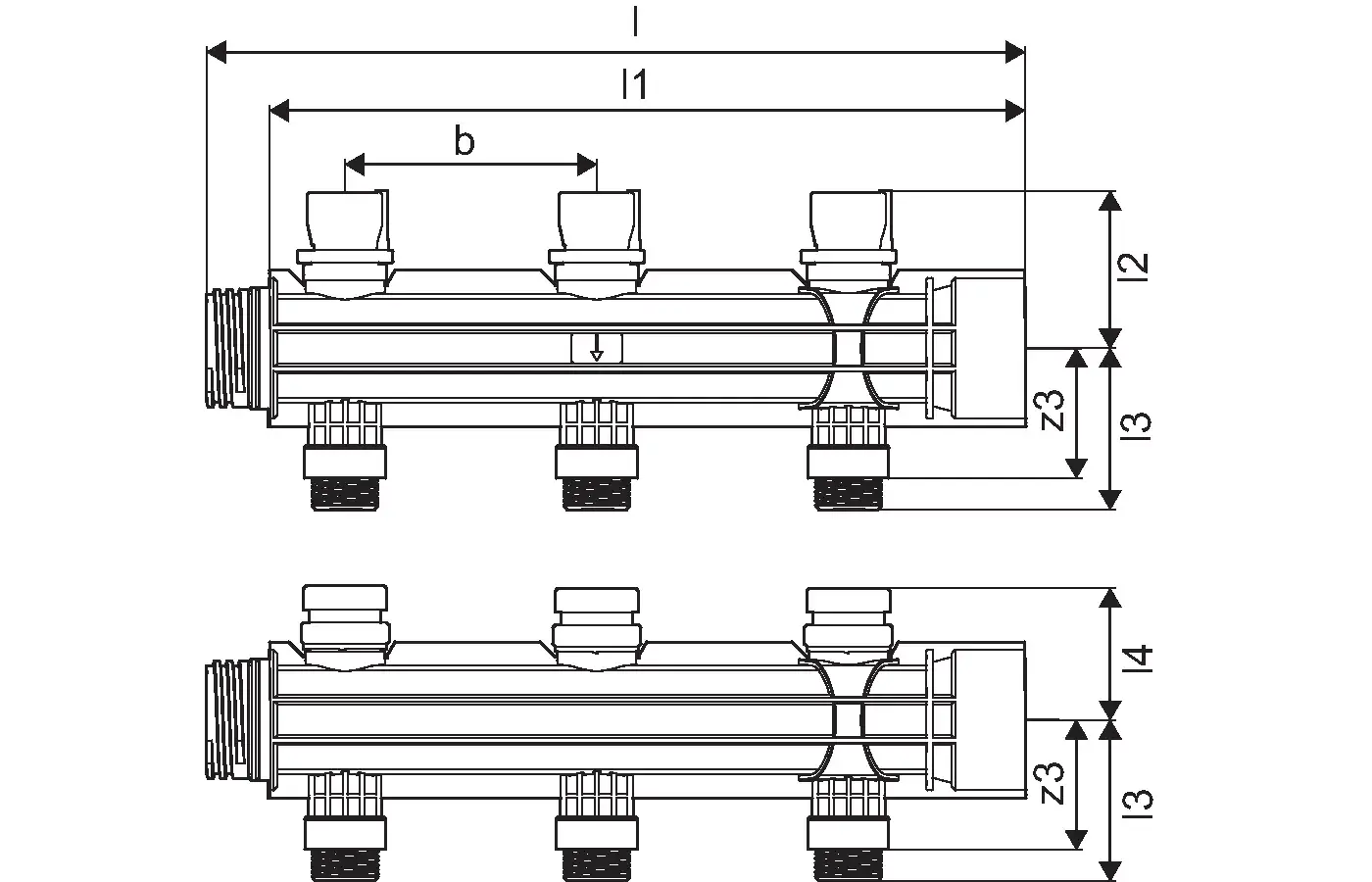 Uponor Verteilersegment mit mehreren Anschlüssen und Ventilen, schematische Darstellung der Dimensionen und Anschlussmöglichkeiten.