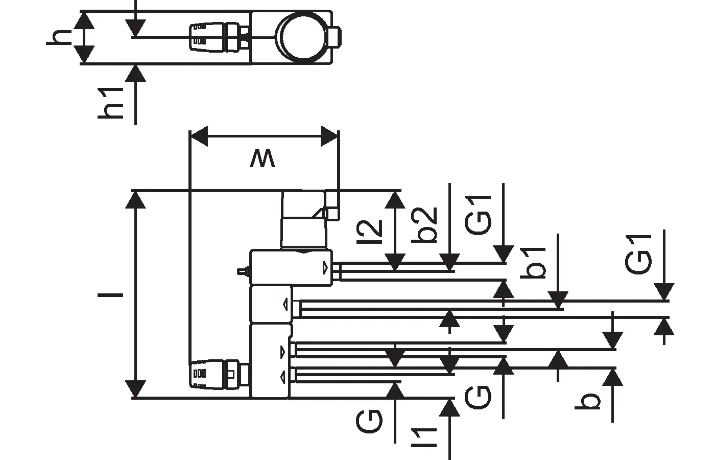 Pumpengruppe von Uponor mit verschiedenen Anschlussmaßen und Anschlüssen. Abbildung zeigt die technische Zeichnung und Dimensionen des Produkts.