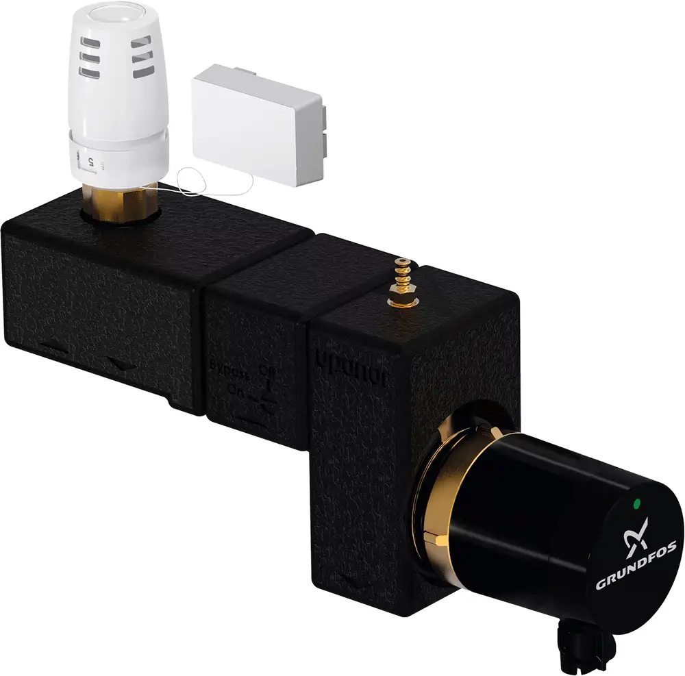 Pumpengruppe mit zwei schwarzen Komponenten, einer goldenen Anschlussstelle und einem weißen Ventilkopf; Marke Uponor.