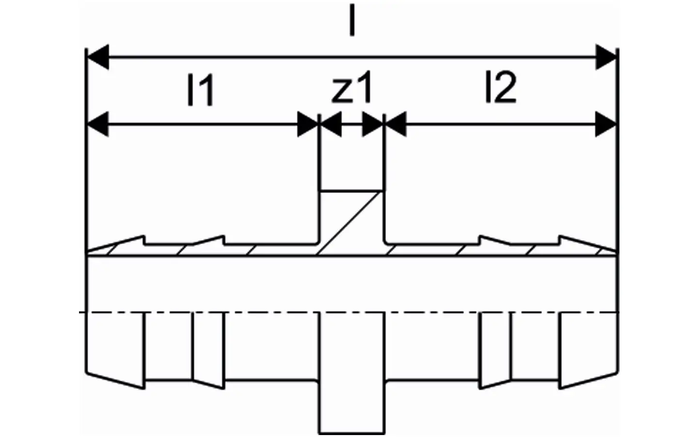 Schematische Darstellung einer Kupplung mit verschiedenen Maßen, die zur Verbindung von Rohren dient, hergestellt von Uponor.