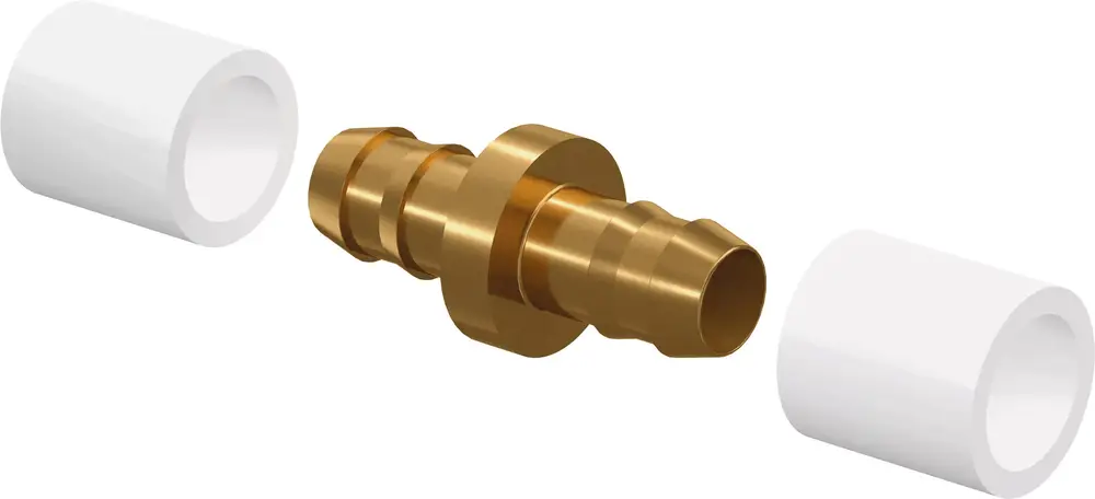 Kupplungselement aus Messing mit zwei weißen Kunststoffrohren. Produkt von Uponor, geeignet für Wasserinstallationen.
