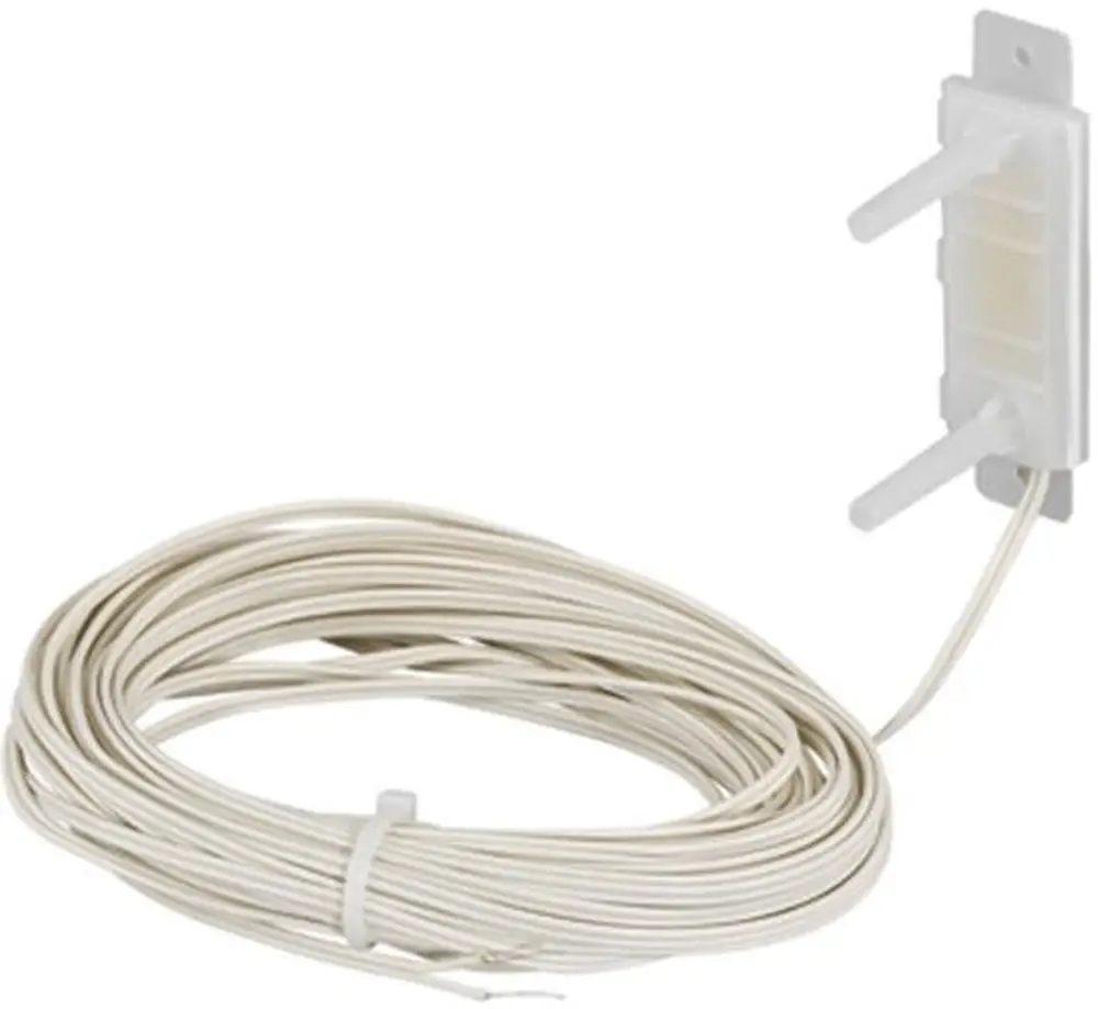 Weißer Taupunktfühler mit zwei Ausgängen und Kabel, montiert an einer Wand, hergestellt von Uponor. Kabel ist aufgerollt und gebündelt.