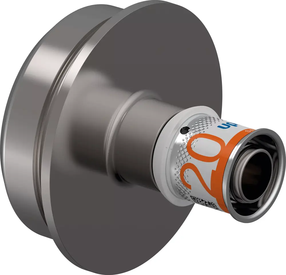 Uponor S-Press PLUS Adapter mit einem runden, metallischen Anschluss und einer farbigen Kennzeichnung für die Verbindung in Rohrleitungssystemen.