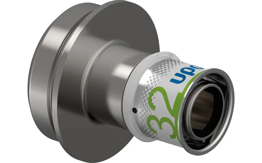 RS Adapter von Uponor, mit einem metallischen Anschluss und spezifischen Markierungen, geeignet für Rohrverbindungen in Sanitär- und Heizungsanwendungen.