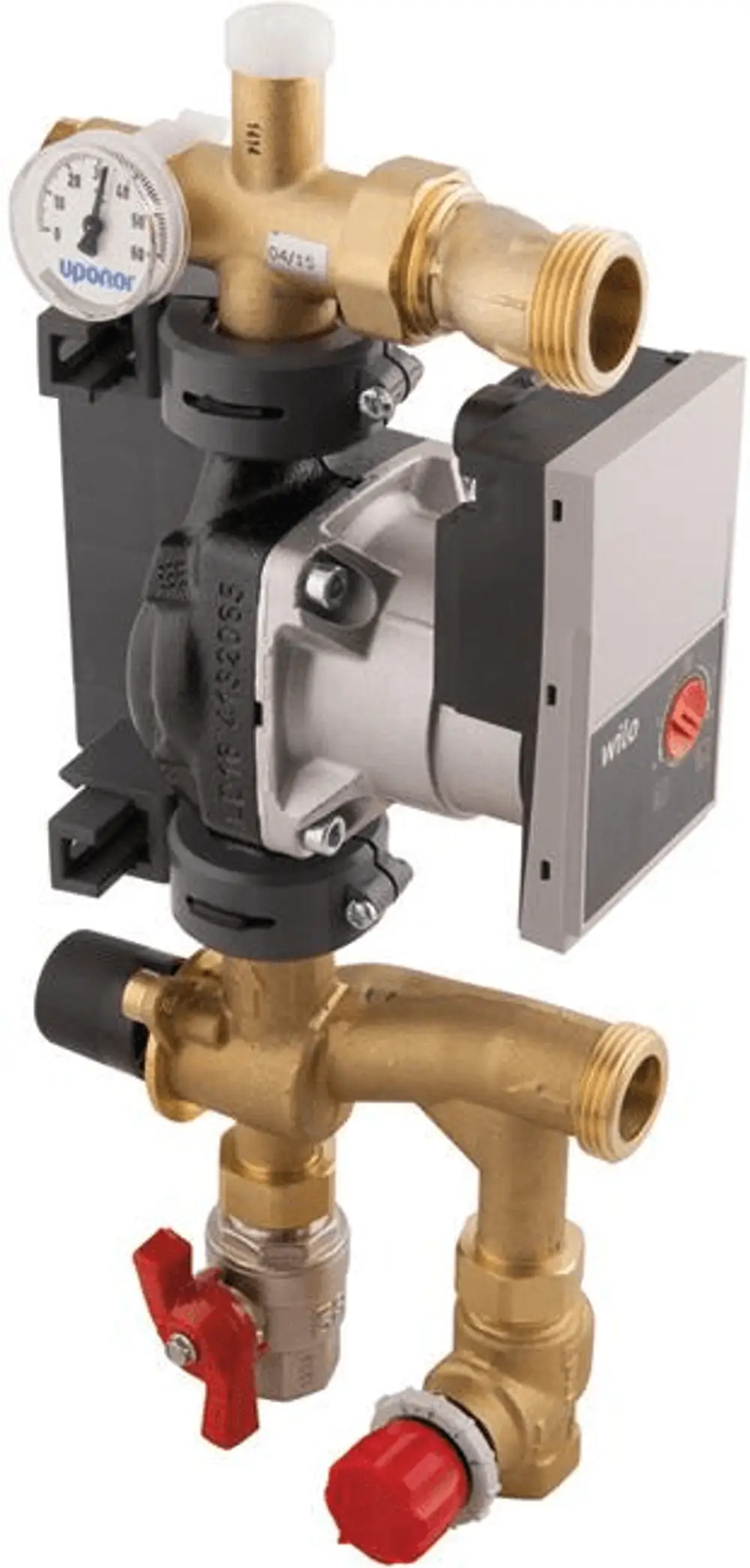 Wasserpumpen-Einheit in kompaktem Design mit Uponor-Elementen, Druckmesser, Kugelhähnen und Regelmodul zur Steuerung von Wasserströmungen.