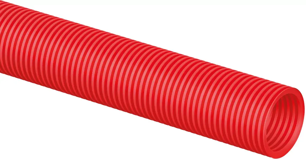 Rotes Schutzrohr mit gerillter Oberfläche. Geeignet für verschiedene Anwendungen. Hergestellt von Uponor, flexibel und robust.
