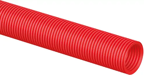 Rotes Schutzrohr mit gerillter Oberfläche. Geeignet für verschiedene Anwendungen. Hergestellt von Uponor, flexibel und robust.