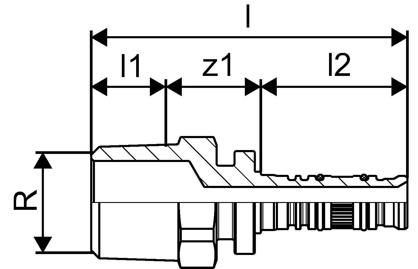 Draufsicht auf einen metallenen Pressnippel mit Gewinde, typischerweise von Uponor, zur Verbindung von Rohrleitungen in hydraulischen Systemen.