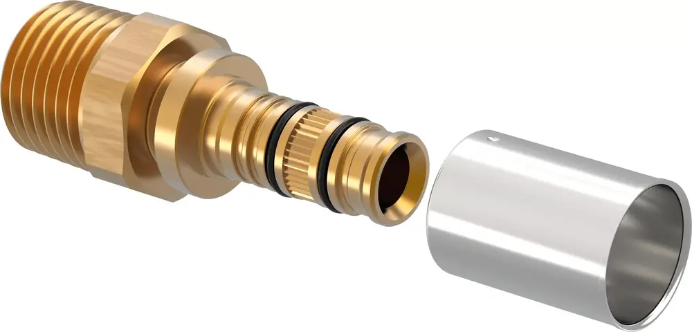 Messing-Nippel mit Gewinde und einem abnehmbaren Metallaufsatz, hergestellt von Uponor. Optimal für Rohrverbindungen in unterschiedlichen Anwendungen.