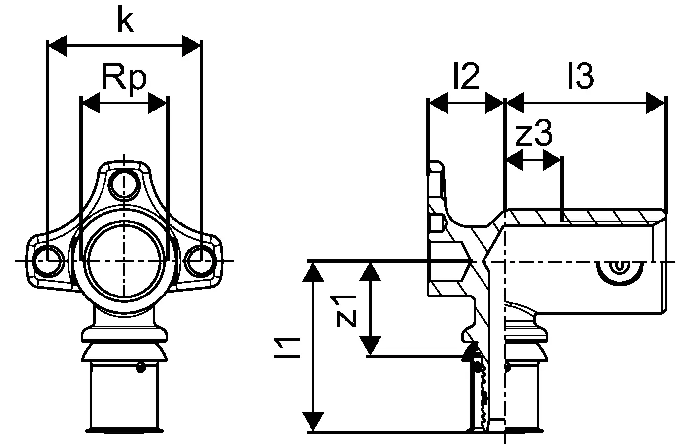 Technisches Diagramm einer S-Press PLUS Wandscheibe von Uponor, mit Maßangaben und Detailansichten von Vorder- und Seitenansicht, zur Darstellung von Befestigungselementen.