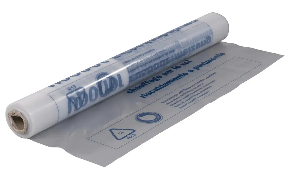Transparente Rolle von Uponor mit Folie, die flach auf einer Oberfläche liegt. Anwendungsbereich für Bau- oder Isolierzwecke, wird häufig im Bauwesen eingesetzt.