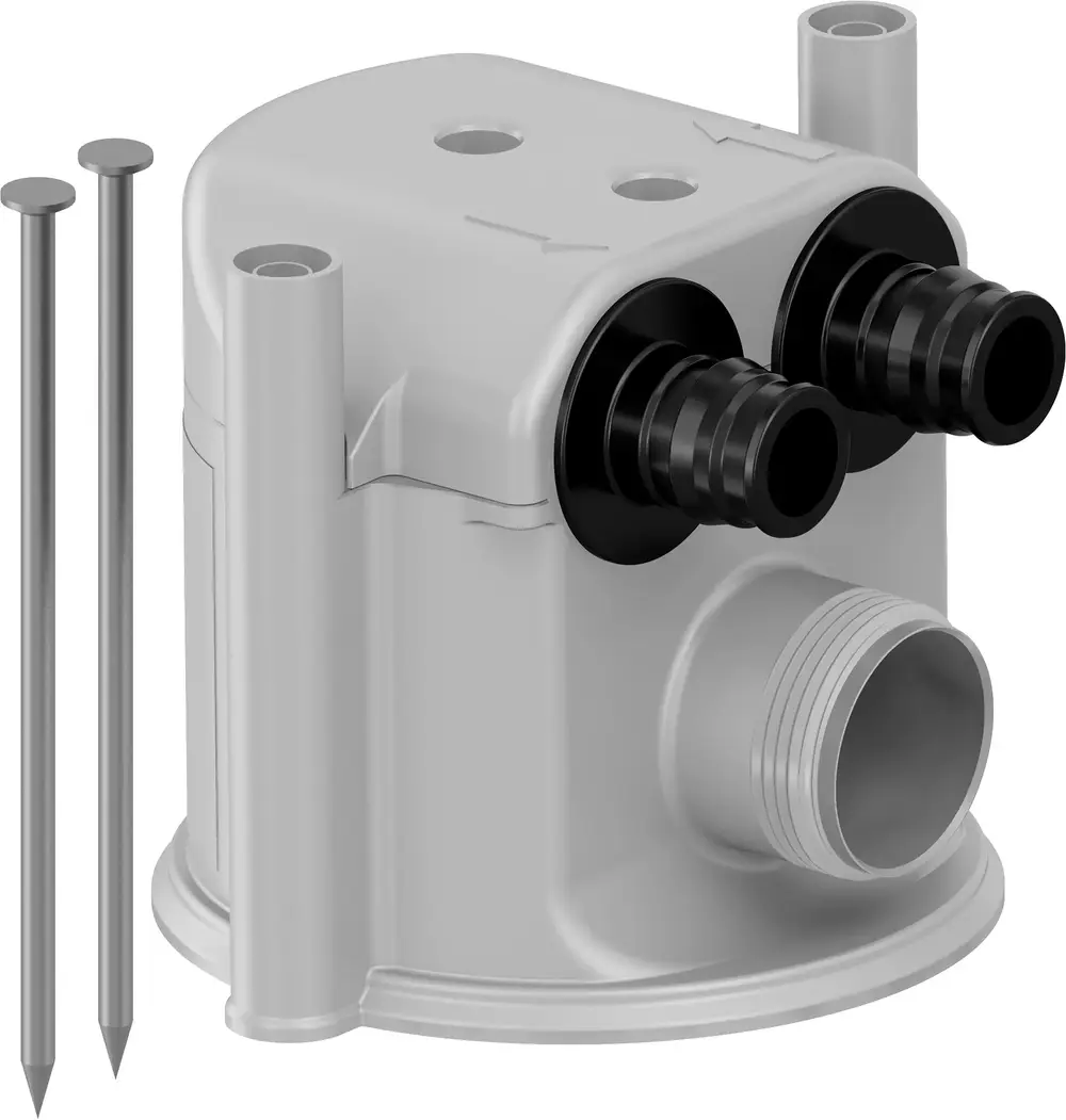 Thermische Steckdose von Uponor, mit zwei schwarzen Anschlussstutzen und einer seitlichen Anschlussbuchse. Enthalten sind zwei Metallstifte zur Befestigung.
