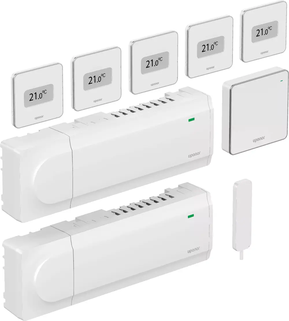 Uponor Heizsystem bestehend aus mehreren Thermostaten und Steuergeräten in weißer Ausführung, angeordnet um Heizkörpermodule. Temperaturanzeige auf den Geräten sichtbar.