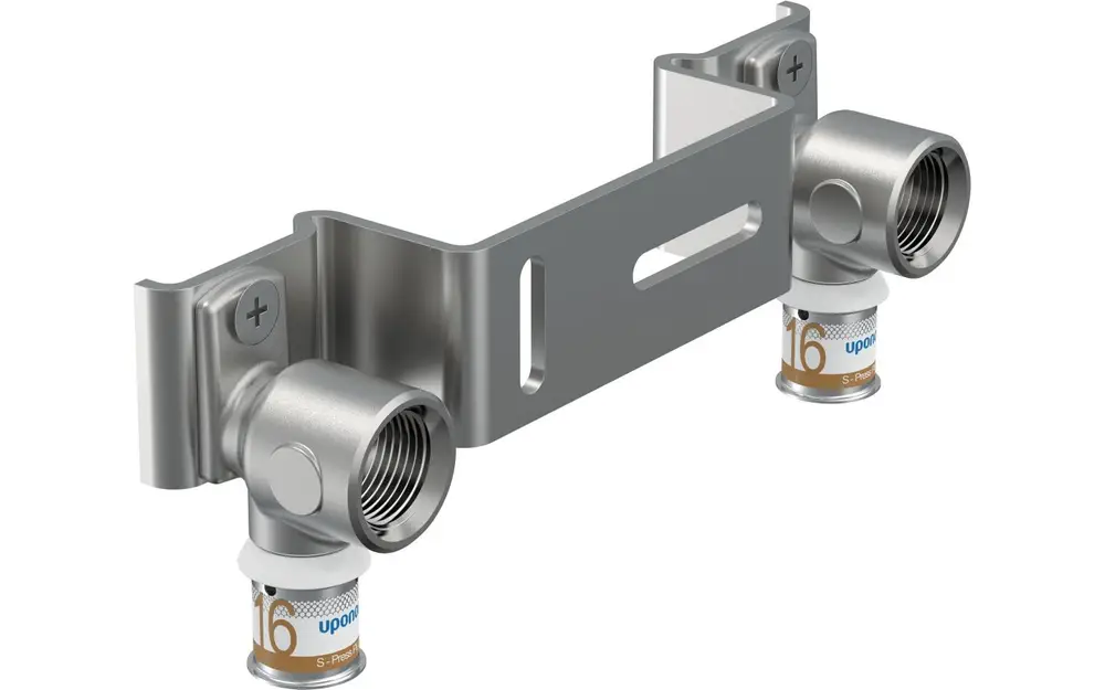 Montageeinheit mit zwei Anschlussgewinden von Uponor, zur Installation von Rohrleitungen, montiert an einer stabilen Halterung.