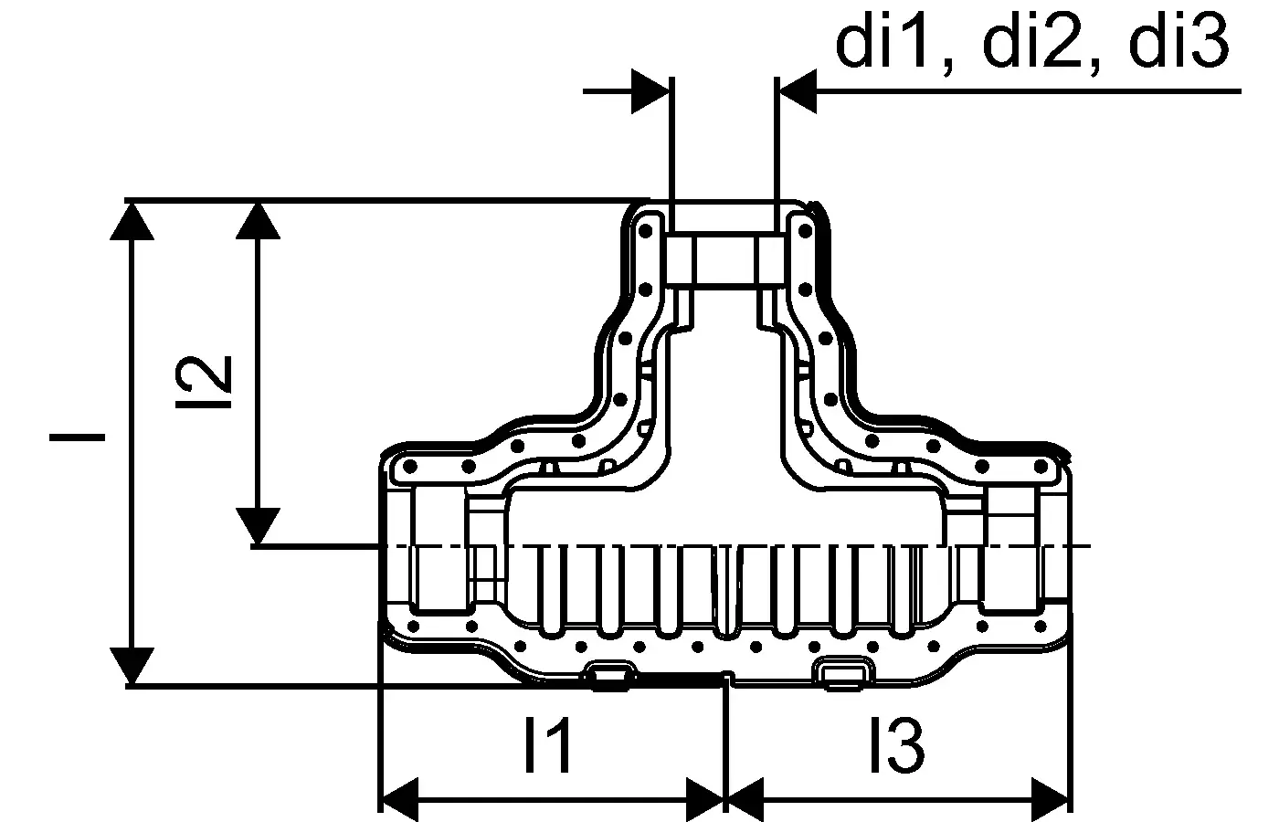 Schematische Darstellung eines Bauteils von Uponor mit mehreren Durchmessern und definierten Abmessungen. Es zeigt eine detaillierte Ansicht mit Maßeinheiten.