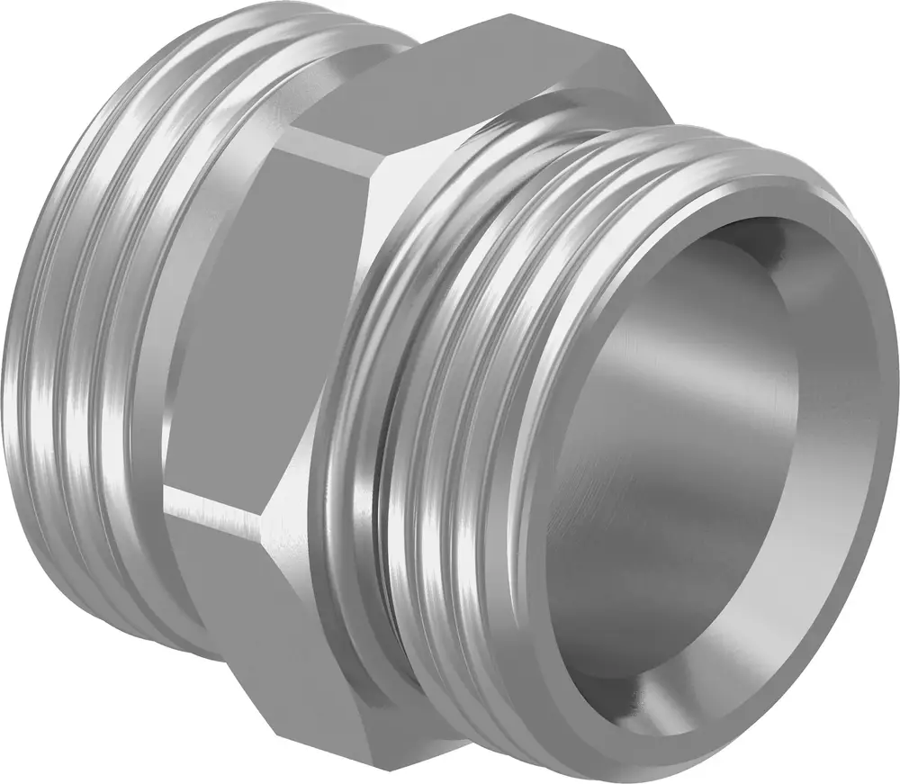 Metallisches Verbindungselement von Uponor mit zwei Außengewinden. Das Produkt hat eine zylindrische Form und dient zur Verbindung von Rohrleitungen.