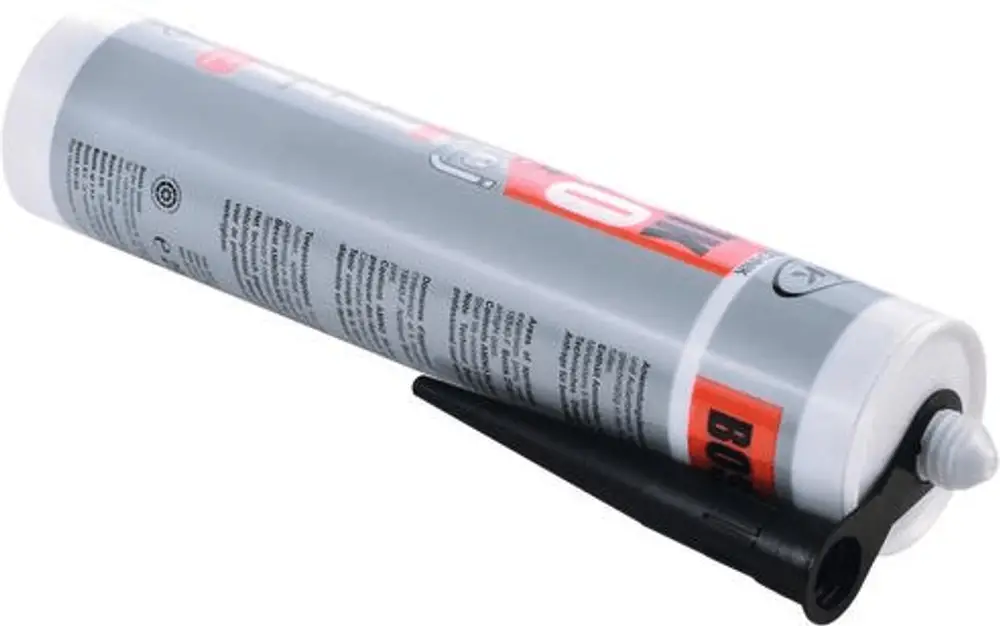 Graue Tube mit Dichtpaste von Uponor, ausgestattet mit einer schwarzen Applikatorspitze. Auf der Tube befinden sich Produktinformationen in mehreren Sprachen.